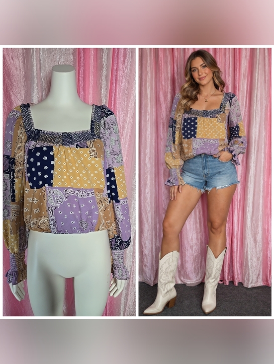 Wrangler Tops - Wrangler Western Patchwork Bell Sleeves Boho Crop Top Size Medium